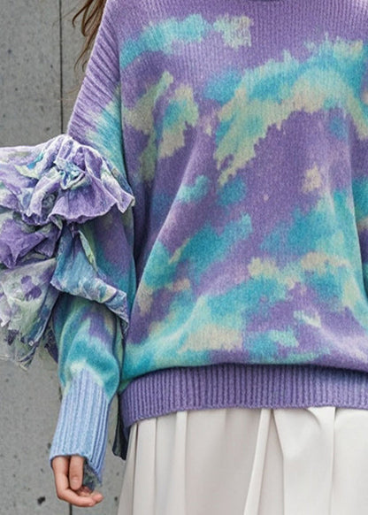 Purple Ruffled Tie Dye Knit Sweater Tops Fall