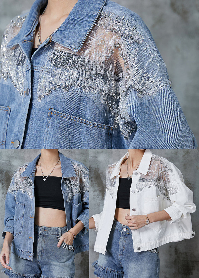 Blue Hollow Out Pockets Denim Coats Spring