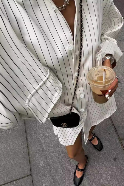Striped Print Pocket Turndown Collar Tops