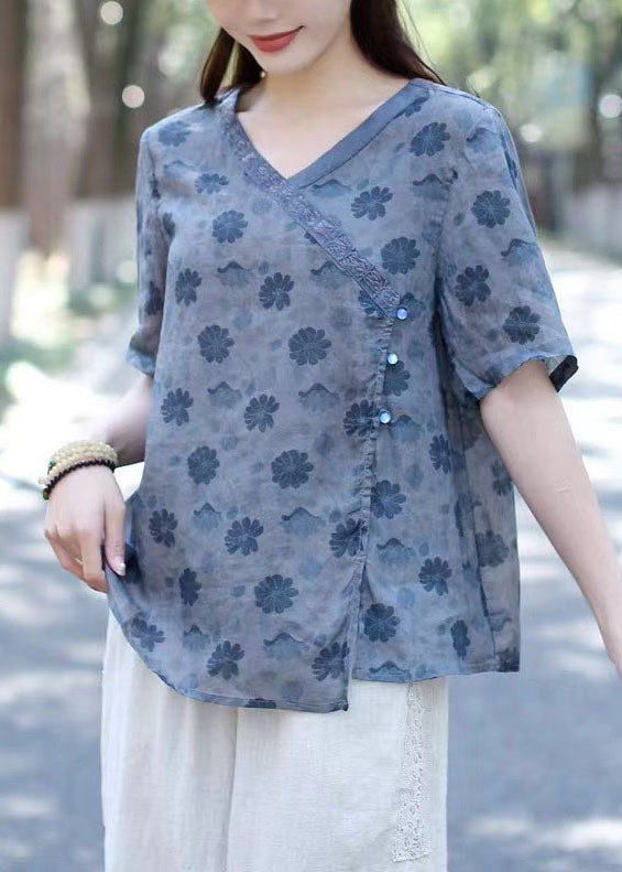 Green V Neck Print Patchwork Linen Shirts Summer