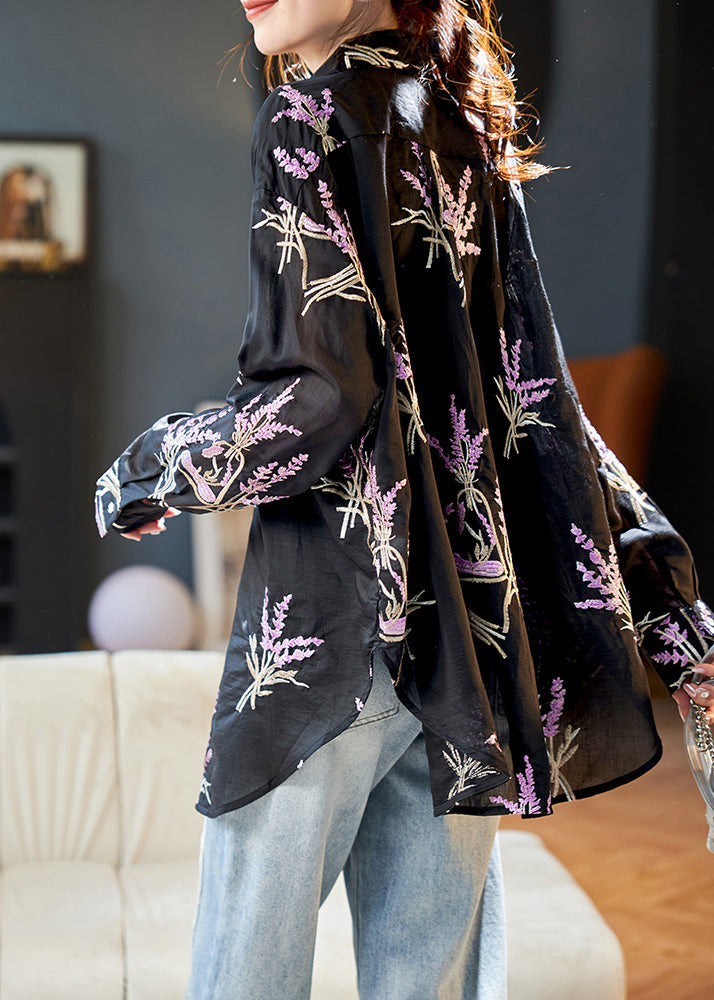 Black Peter Pan Collar Embroidered Silk Shirt Top Long Sleeve