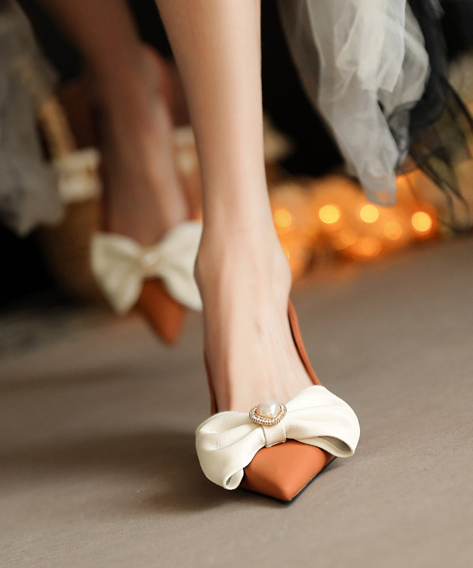 Brown High Heels Sheepskin Splicing Bow Pointed Toe