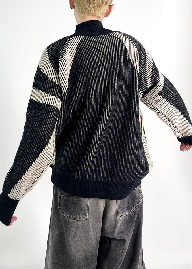 Black Zip Up Knit Fall Coat Stand Collar