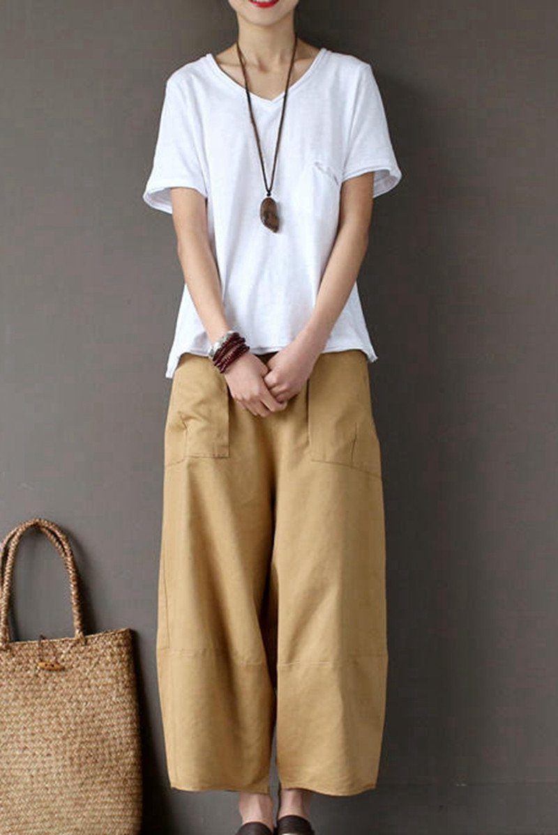 Khaki Loose Cotton Linen Ankle Length Pants Outfits