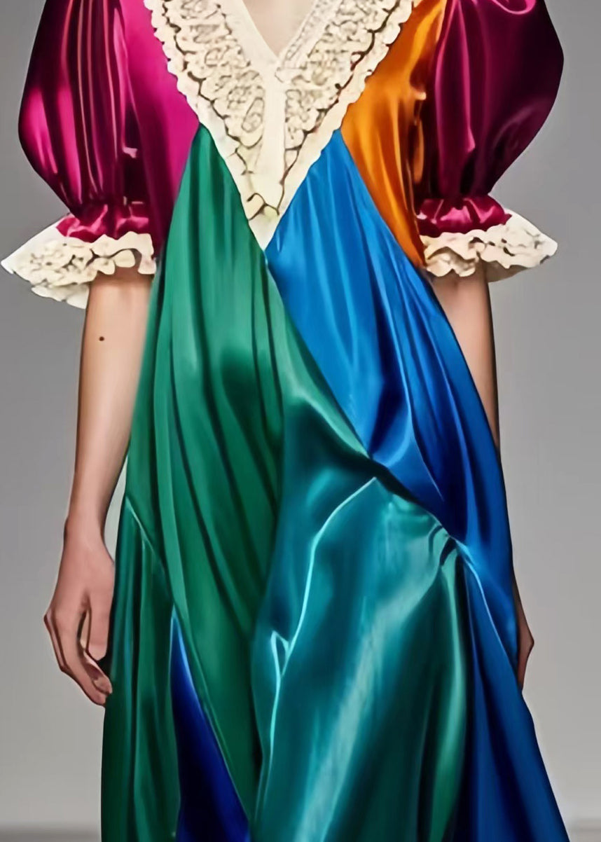 Colorblock Puff Sleeve Patchwork Silk Dress Summer