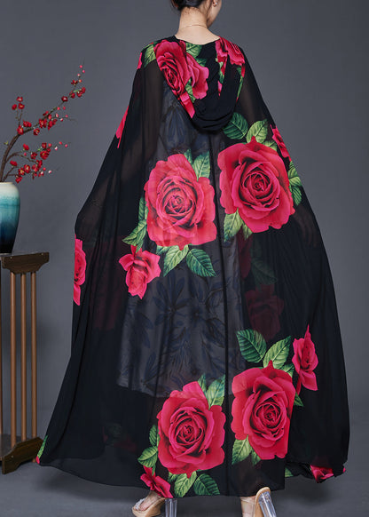 Black Hooded Print Chiffon Cardigan Spring