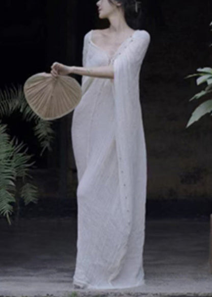 White V Neck Lace Up Cotton Maxi Dresses Summer