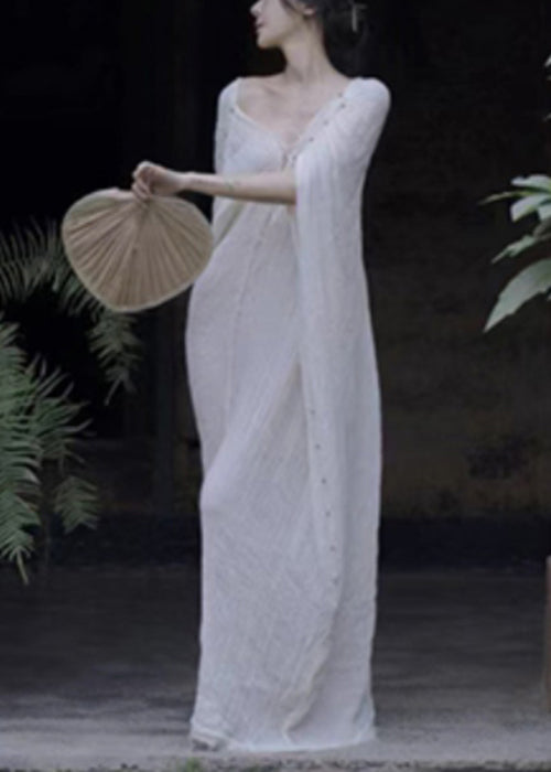 White V Neck Lace Up Cotton Maxi Dresses Summer