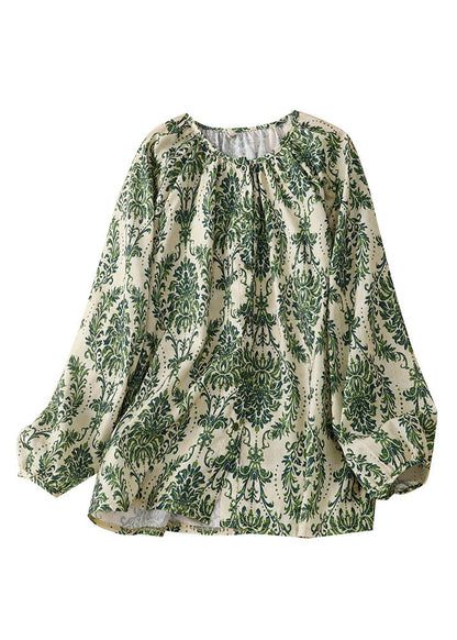 Organic Green O-neck Print Chiffon Top Summer