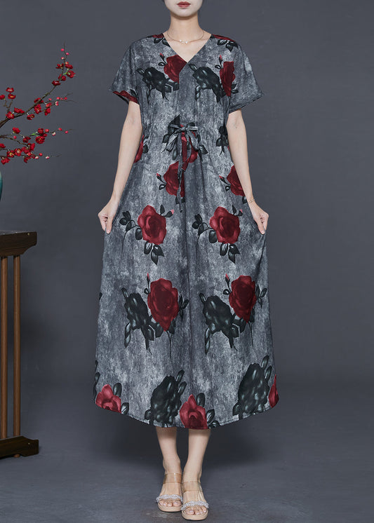 French Grey Cinched Cotton Long Dress Summer