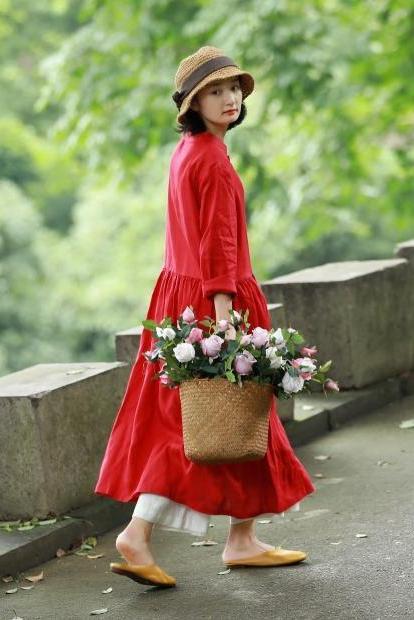 Loose Blue and Red Button Down Linen Maxi Dresses for