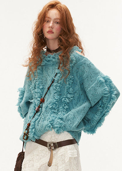 Blue Cold Shoulder Tassel Thick Cotton Knit Sweaters Winter