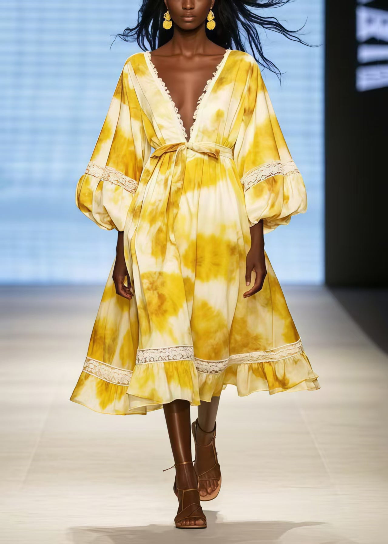 Yellow Deep-v Neck Tie Dye Chiffon Dress Lantern Sleeve