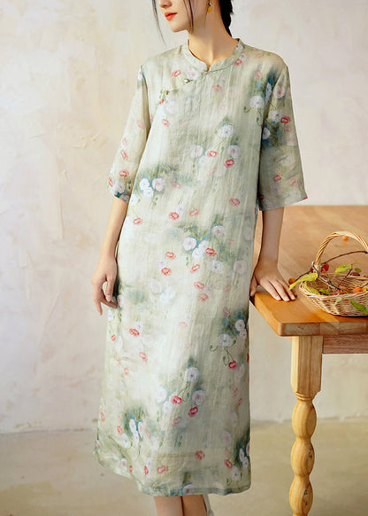 Green Stand Collar Print Linen Dress Summer
