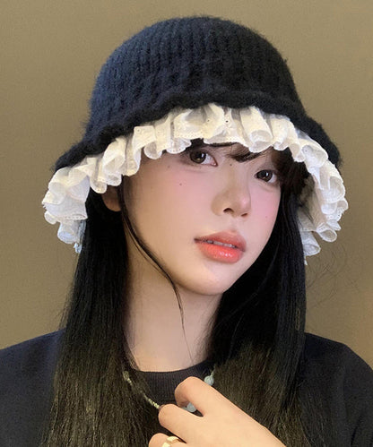 Black Lace Patchwork Knit Bucket Hat