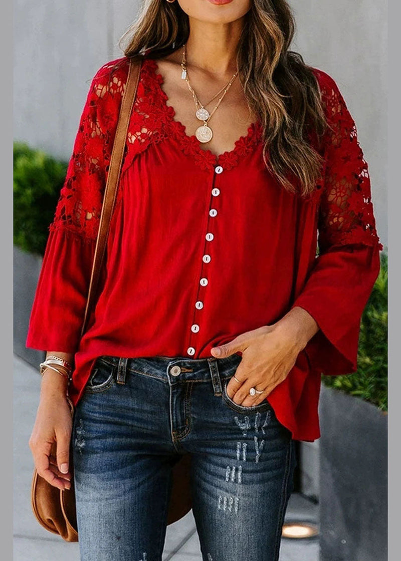 Red Lace Patchwork Top Fall