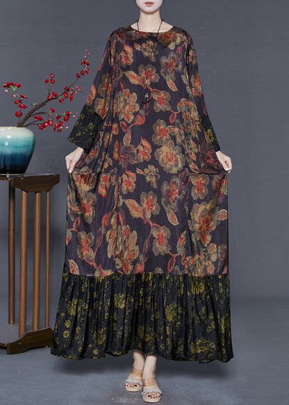 Black Oversized Patchwork Print Silk Maxi Dresses Flare Sleeve
