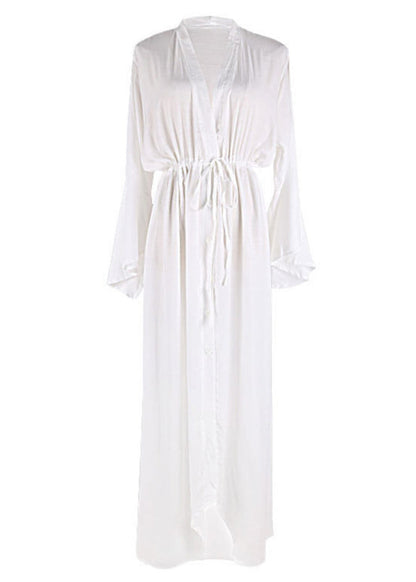 Loose Rubber Red V Neck Drawstring Cotton Maxi Dresses Flare Sleeve