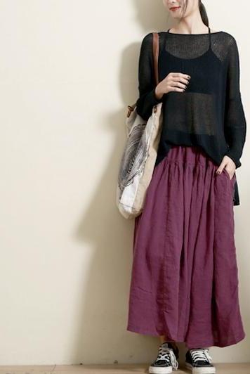 Summer Green and Purple Loose Linen Skirt for