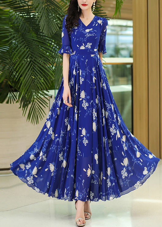 Organic Rose V Neck Print Wrinkled Chiffon Maxi Dresses Summer
