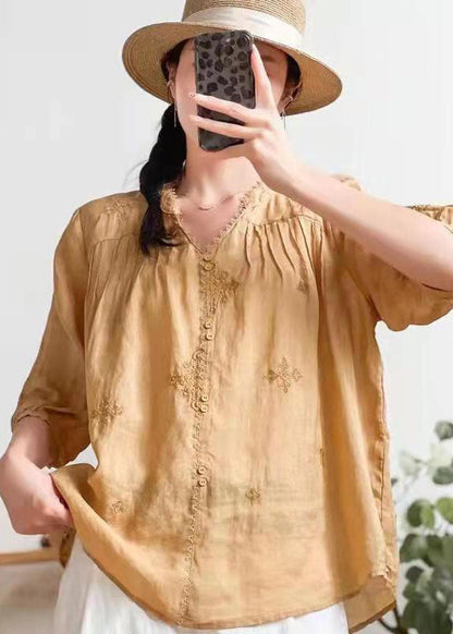 Stylish Orange V Neck Embroidered Summer Ramie Shirts Half Sleeve