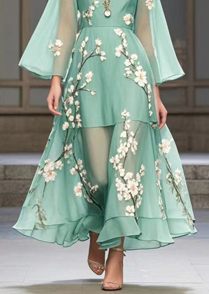 Lake Green Plum Blossom Print Chiffon Party Dress Fall