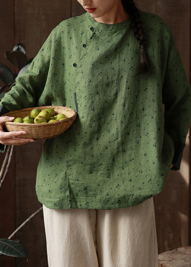 Retro Yellow O-neck Print Loose Linen Shirts Spring