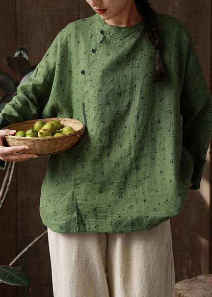 Retro Yellow O-neck Print Loose Linen Shirts Spring