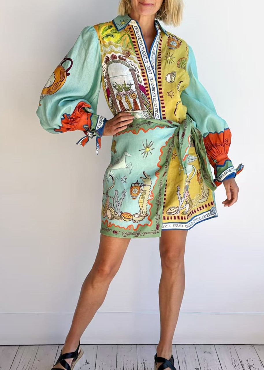 Asymmetrical Print Lace Up Cotton Dress Long Sleeve