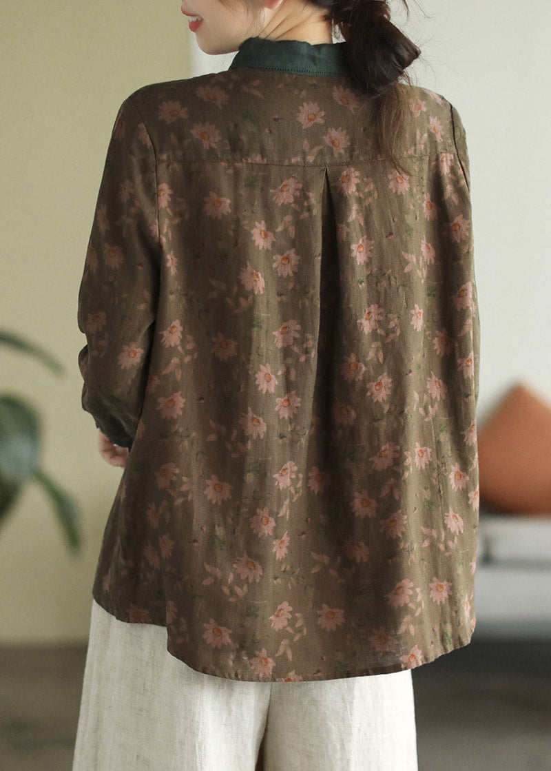 Peter Pan Collar Print Button Linen Shirt Long Sleeve
