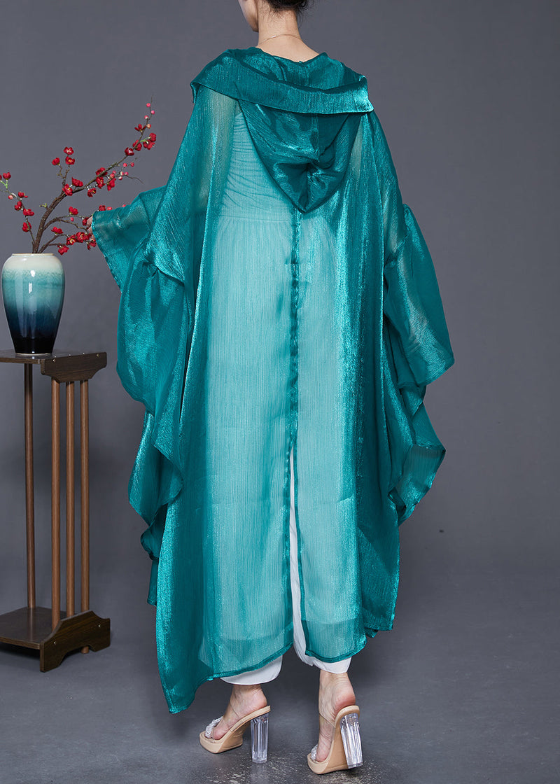 Loose Peacock Green Hooded Patchwork Silk Long Cardigans Summer