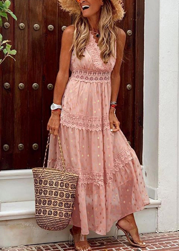 New Apricot V Neck Lace Patchwork Chiffon Long Dress Sleeveless