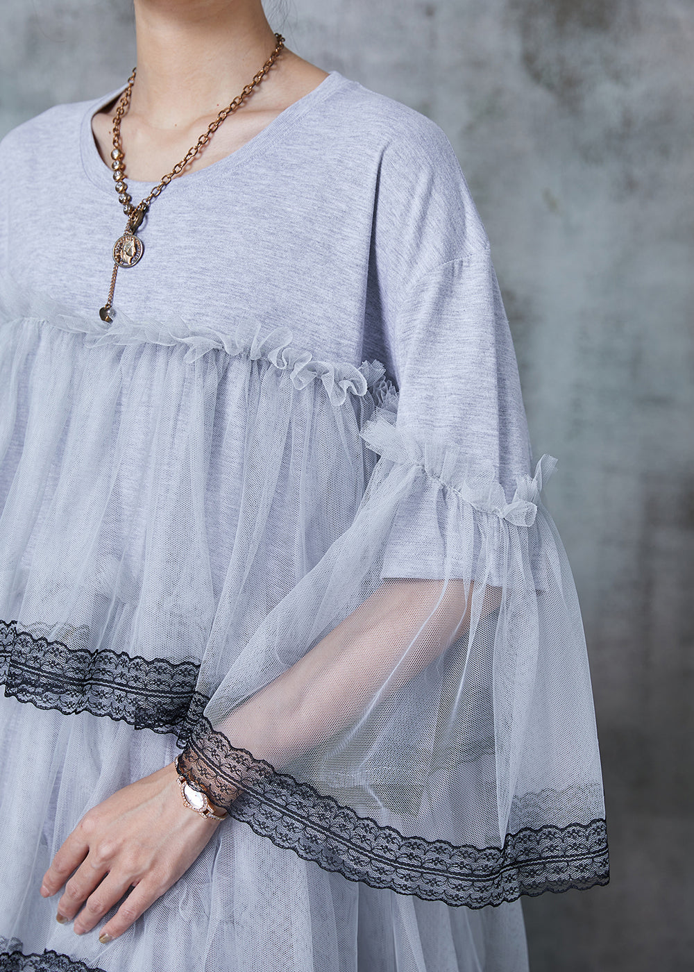 Grey Oversized Patchwork Tulle Vacation Dress Summer