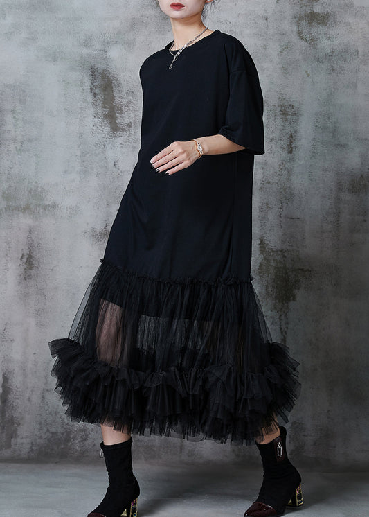 Black Oversized Patchwork Cotton Party Dress Summer