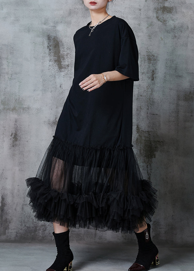 Black Oversized Patchwork Cotton Party Dress Summer