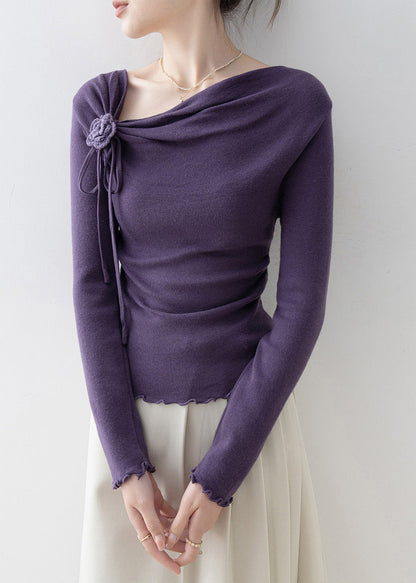 French Purple Slash Neck Ruffled Knit Top Spring