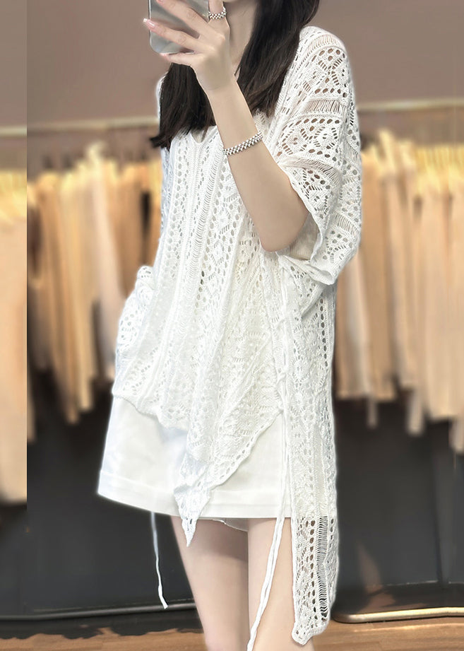 White V Neck Hollow Out Knit T Shirts Summer