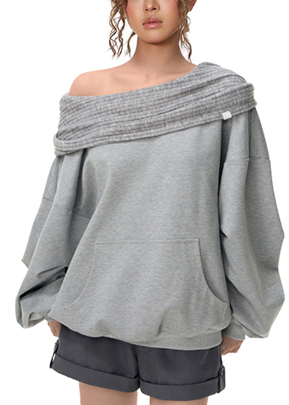 Grey Slash Neck Pockets Sweatshirts Lantern Sleeve