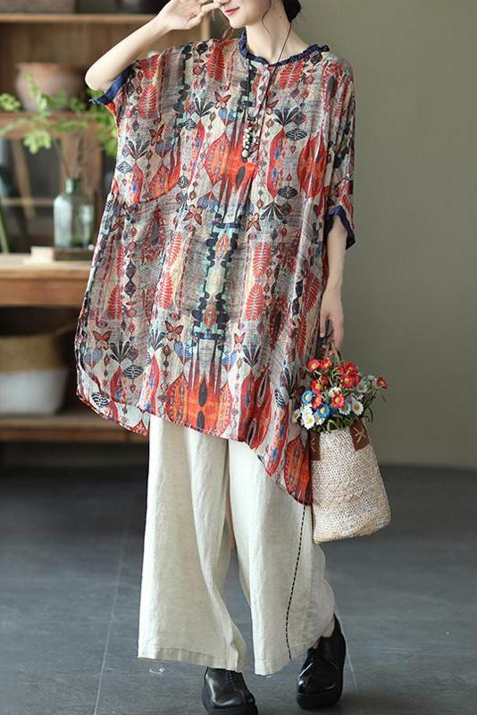 Ramie Print O-neck Loose Shirt