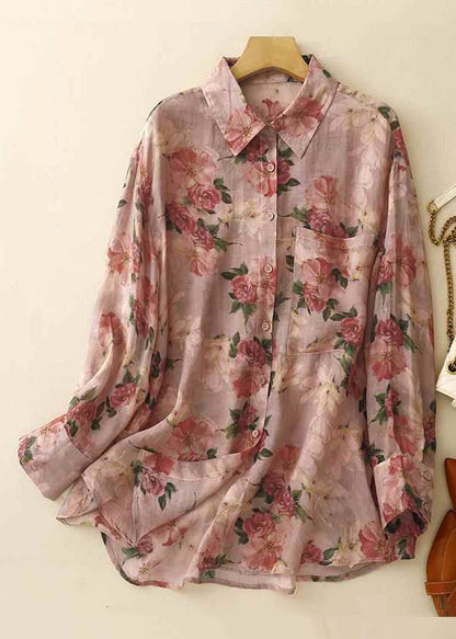 Loose Pink Peter Pan Collar Print Pockets Linen Shirt Spring