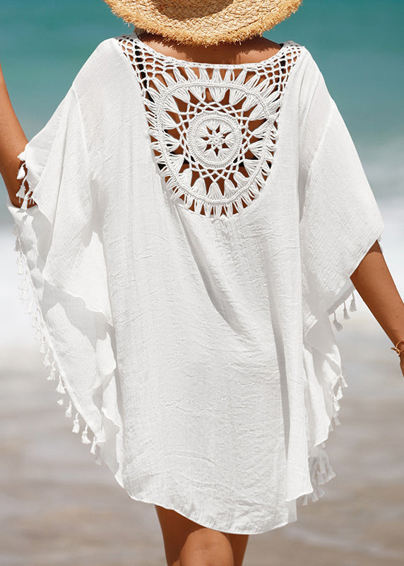 White O Neck Hollow Out Tassel Cotton Mid Dress Summer