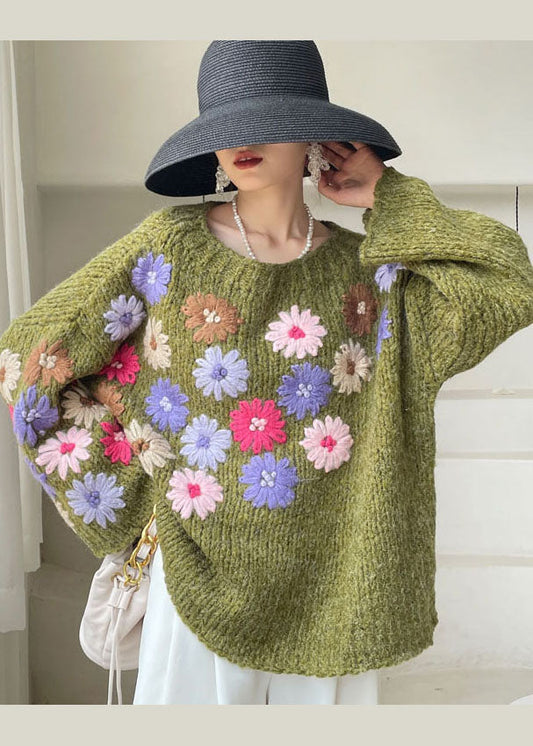 Green Embroidered Knit Sweaters Winter