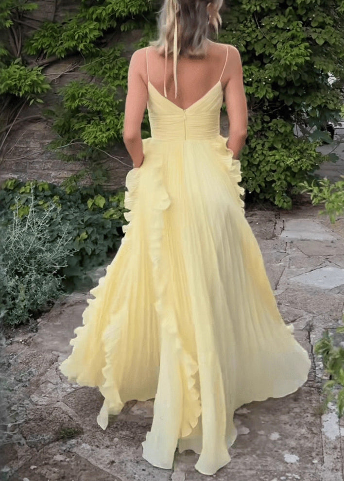 Classy Yellow V Neck Ruffled High Waist Chiffon Spaghetti Strap Dress Sleeveless