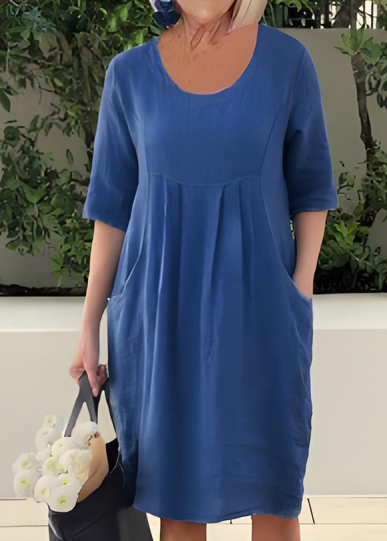 Blue O Neck Pockets Patchwork Cotton Dresses Summer