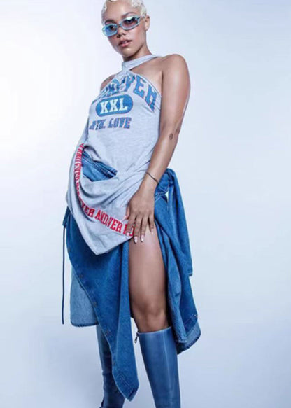 Grey Asymmetrical Print Cotton Dresses Sleeveless