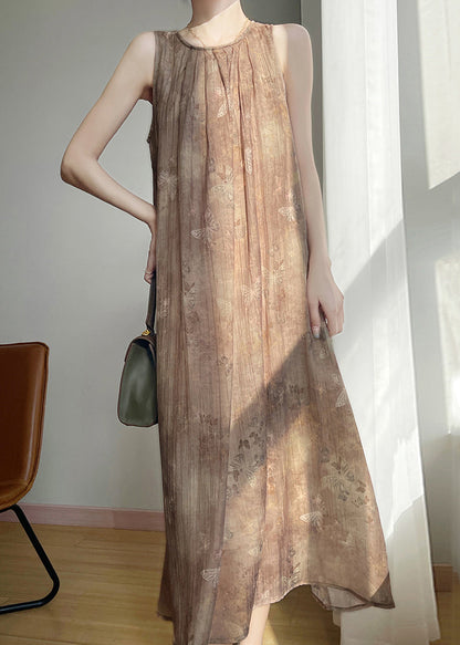 Brown O Neck Print Cotton Long Dress Sleeveless