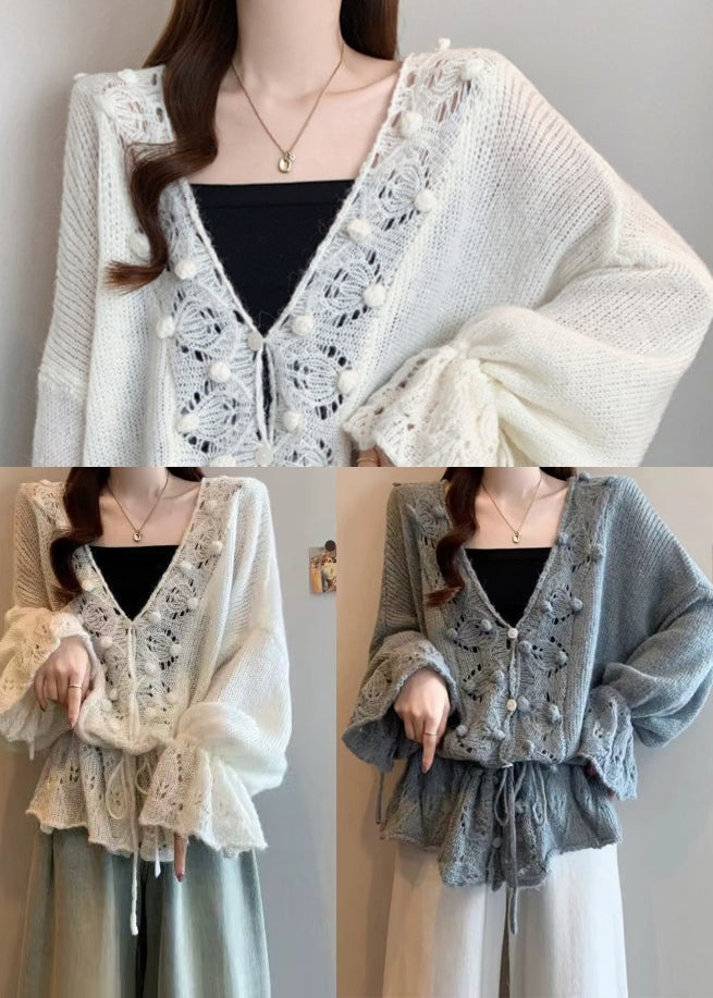 White V Neck Hollow Out Knit Cardigans Fall