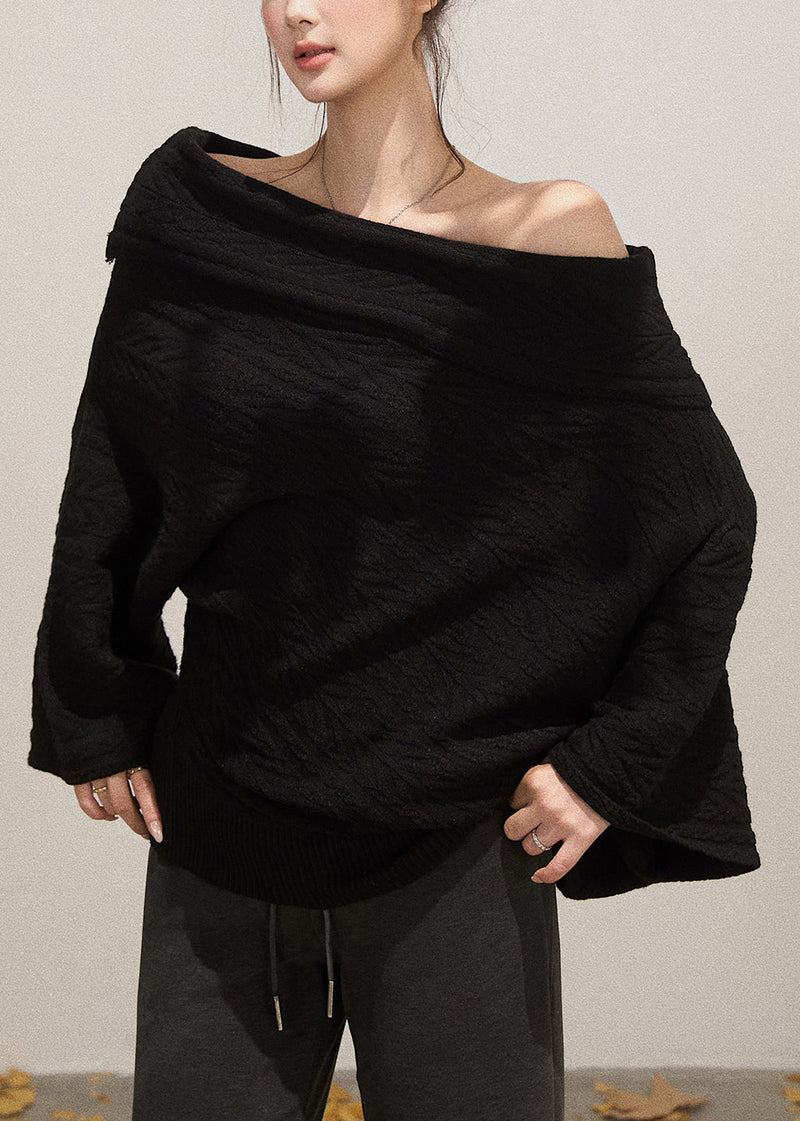Black Cold Shoulder Knit Short Sweater Fall