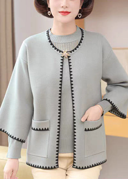 French Blue Patchwork Cotton Knit Cardigans and Sweaters Two Pieces Set Three Quarter Sleeve