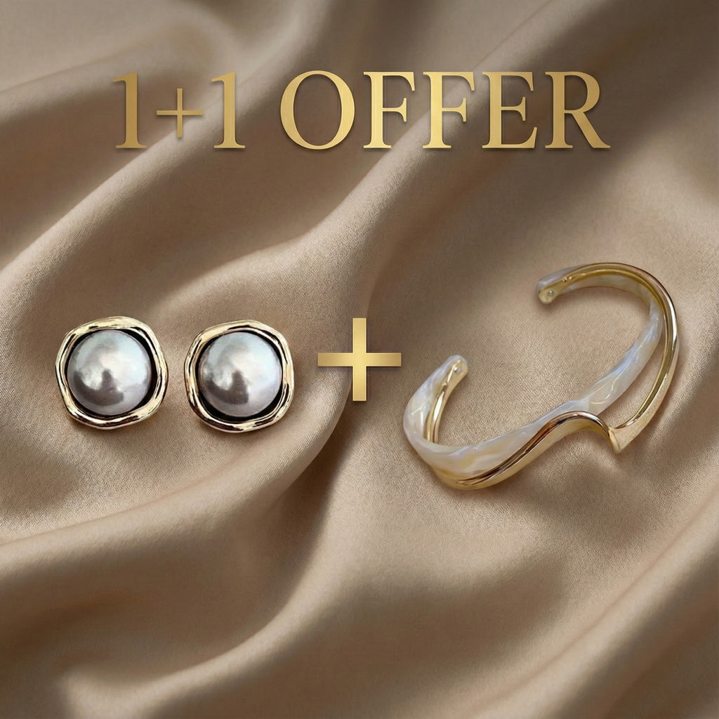 1+1 Offer: White Opal Golden Bracelet + Black Pearl Earrings